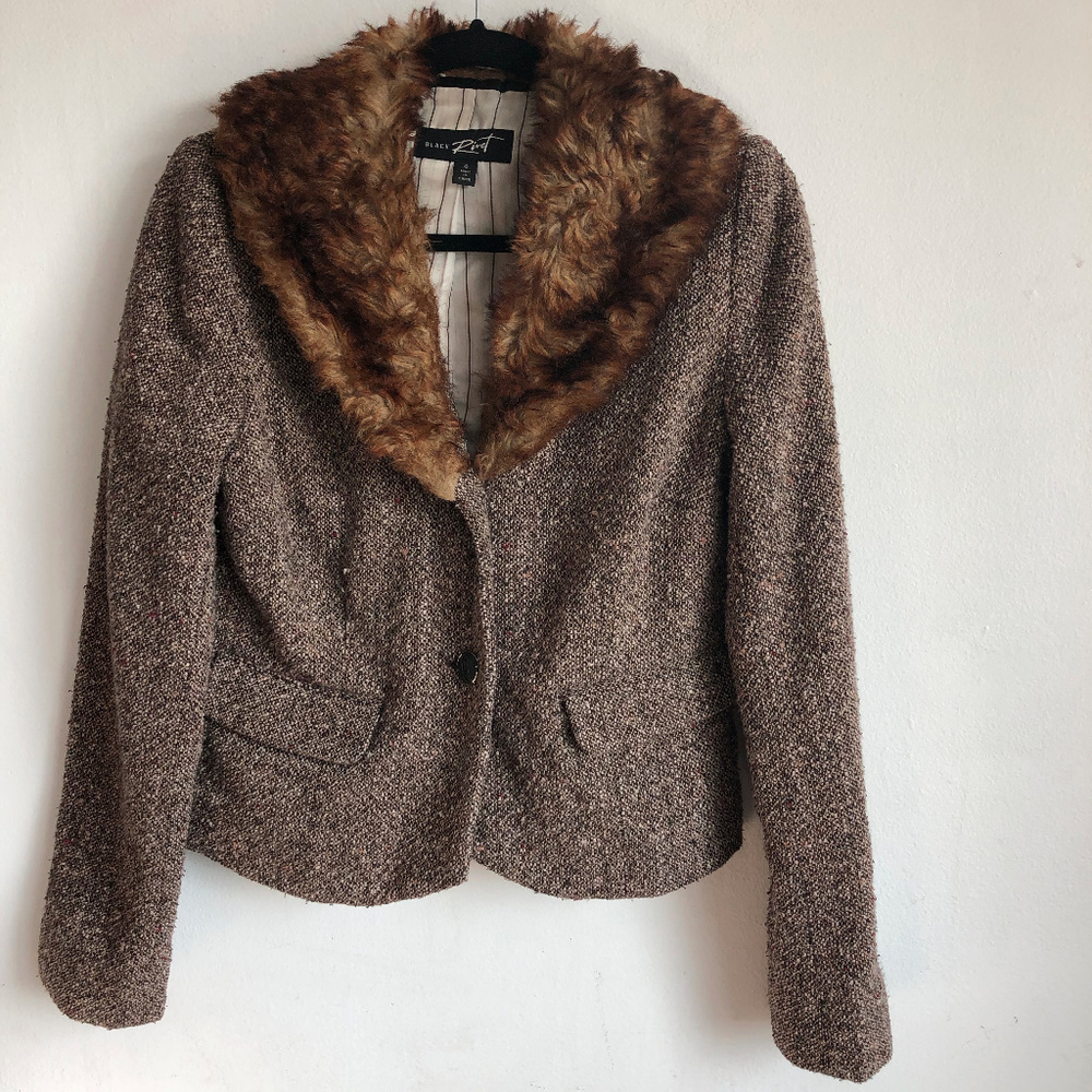 Black Rivet Brown Tweed Jacket Faux Fur Collar 6